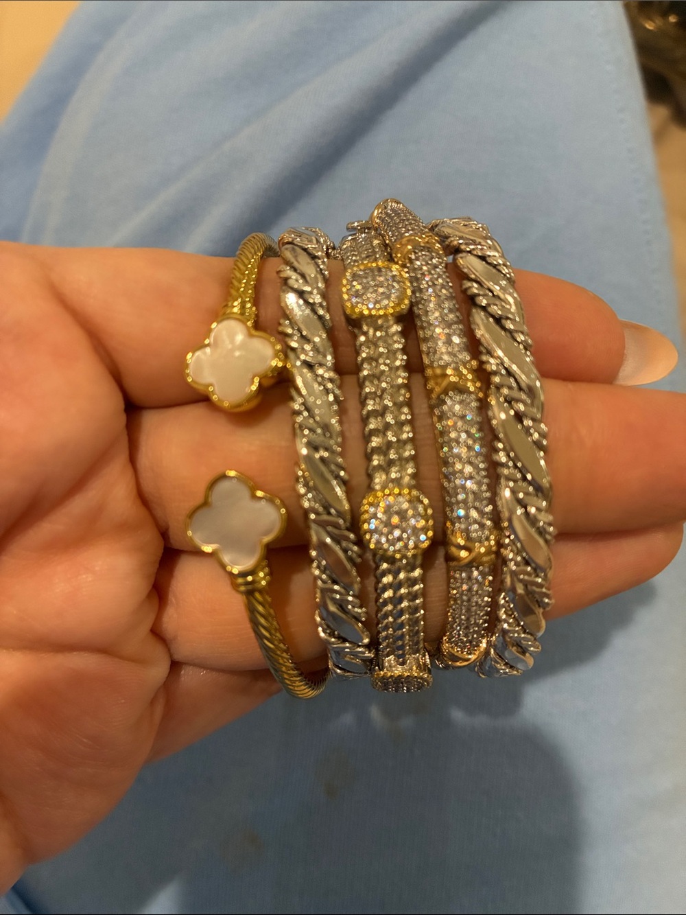 Elegant Two-Tone Crystal & Mother-of-Pearl Bracelet Set bundled